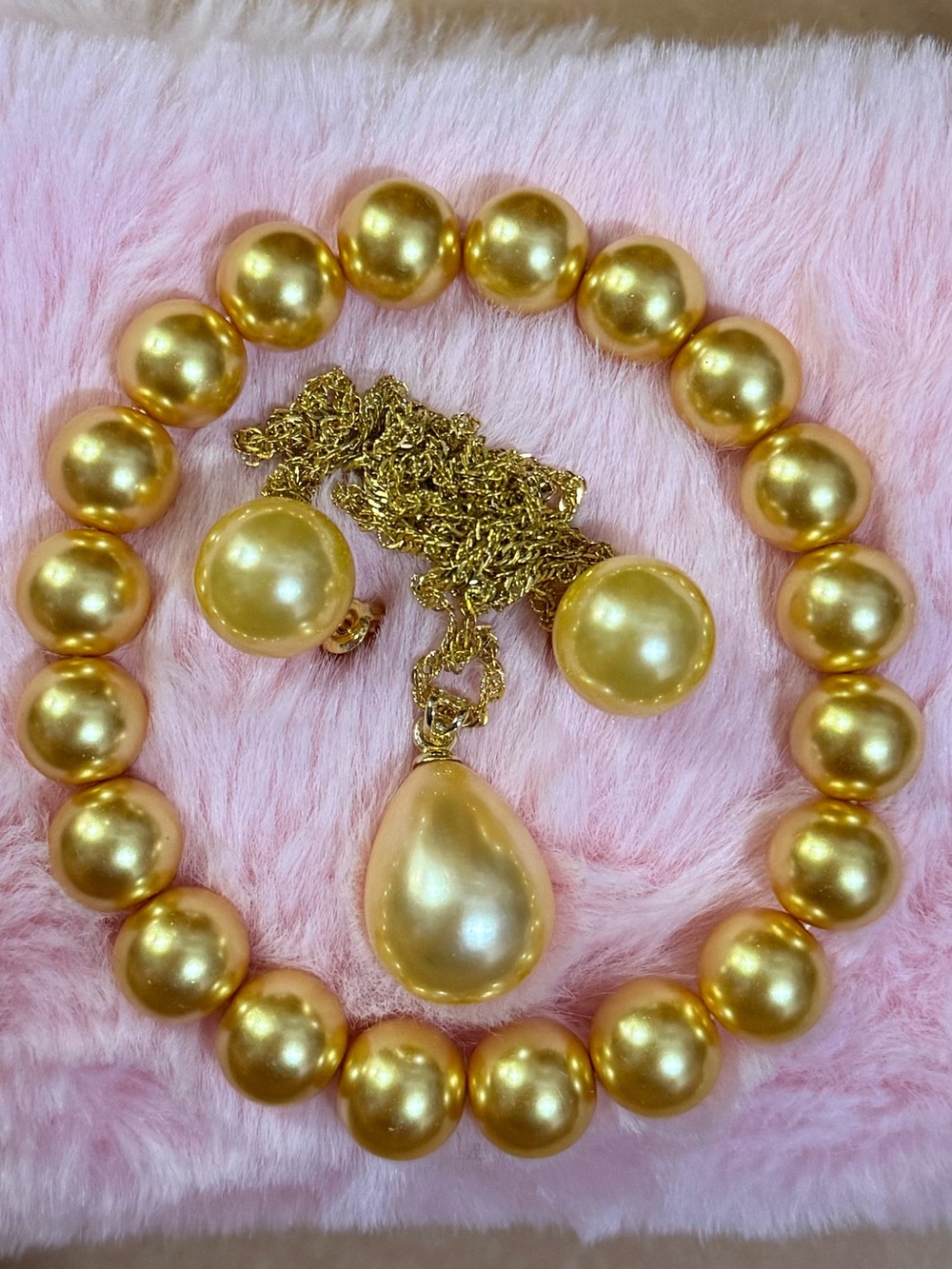 14KGP Gold South Sea Shell Pearl Necklace Earrings Bracelet Jewelry Set 22”